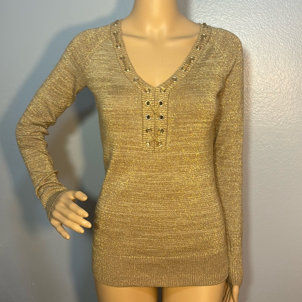 Cache Gold Metallic Shimmer Vneck Long Sleeve Sweater